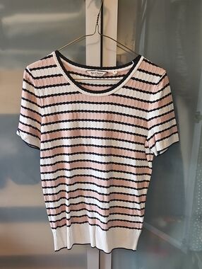 🍋NAF NAF Pink, White & Black Striped Short Sleeve Knit Top